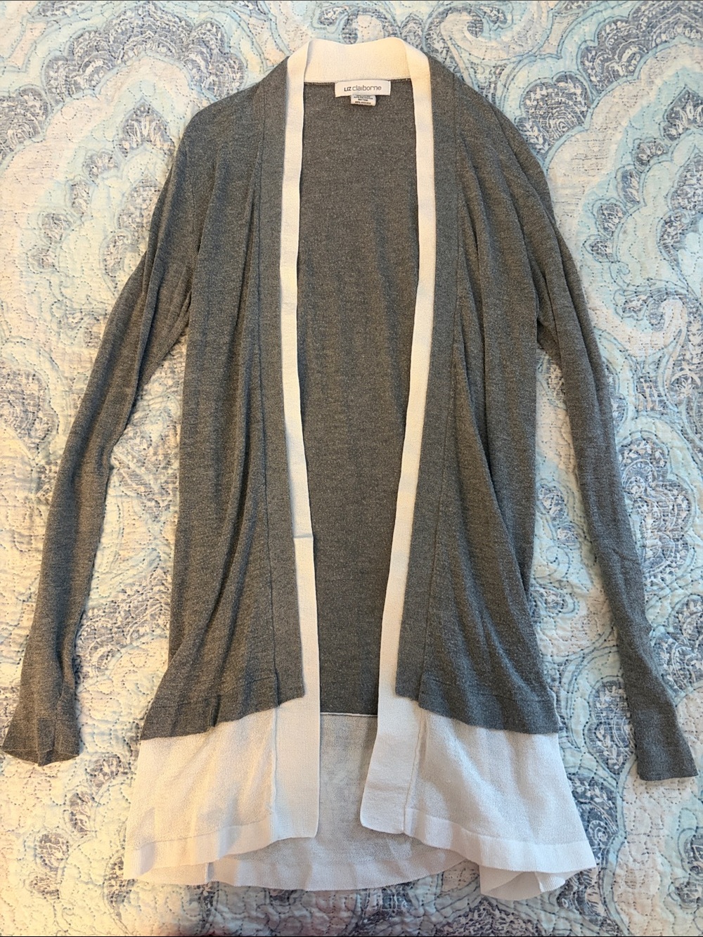 Liz Claiborne Gray Cardigan with Cream Trim Open-Front